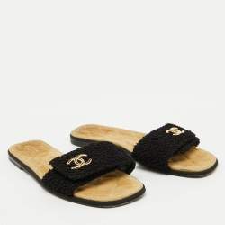 Chanel Black Fabric CC Flat Slide Sandals Size 38.5