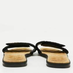 Chanel Black Fabric CC Flat Slide Sandals Size 38.5