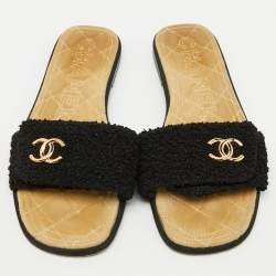 Chanel Black Fabric CC Flat Slide Sandals Size 38.5