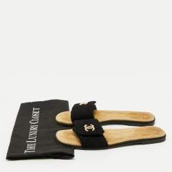 Chanel Black Fabric CC Flat Slide Sandals Size 38.5