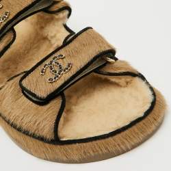 Chanel Beige Calf Hair CC Chain Link Logo Dad Flat Sandals Size 37