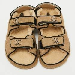 Chanel Beige Calf Hair CC Chain Link Logo Dad Flat Sandals Size 37