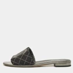 Chanel Metallic Grey Leather Interlocking CC Logo Flat Slides Size 38