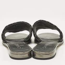 Chanel Metallic Grey Leather Interlocking CC Logo Flat Slides Size 38