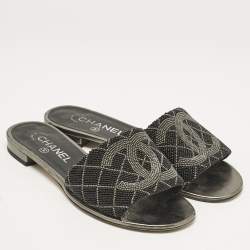 Chanel Metallic Grey Leather Interlocking CC Logo Flat Slides Size 38