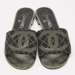 Chanel Metallic Grey Leather Interlocking CC Logo Flat Slides Size 38