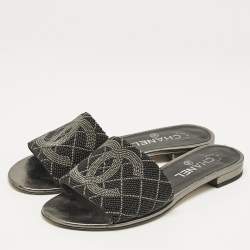 Chanel Metallic Grey Leather Interlocking CC Logo Flat Slides Size 38