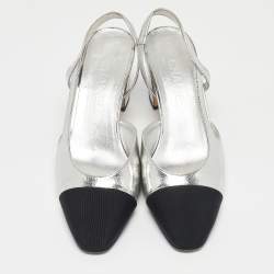Pre Owned Chanel Silver/Black Canvas and Leather CC Slingback Pumps Size 37.5
