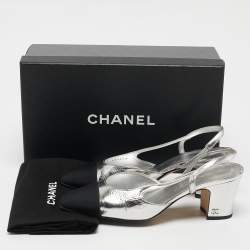 Pre Owned Chanel Silver/Black Canvas and Leather CC Slingback Pumps Size 37.5