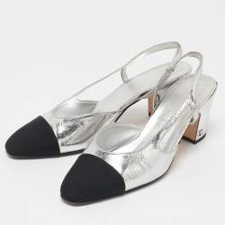 Pre Owned Chanel Silver/Black Canvas and Leather CC Slingback Pumps Size 37.5