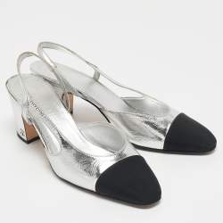 Pre Owned Chanel Silver/Black Canvas and Leather CC Slingback Pumps Size 37.5