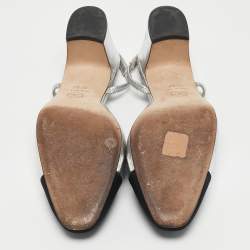 Pre Owned Chanel Silver/Black Canvas and Leather CC Slingback Pumps Size 37.5