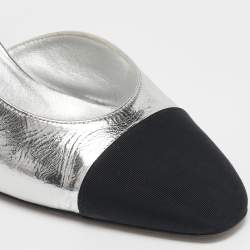 Pre Owned Chanel Silver/Black Canvas and Leather CC Slingback Pumps Size 37.5
