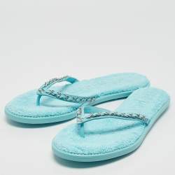 Chanel Light Blue Leather Chain Link Flat Thong Sandals Size 41