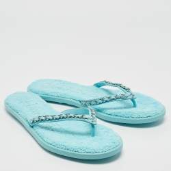 Chanel Light Blue Leather Chain Link Flat Thong Sandals Size 41