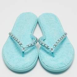 Chanel Light Blue Leather Chain Link Flat Thong Sandals Size 41