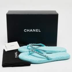 Chanel Light Blue Leather Chain Link Flat Thong Sandals Size 41