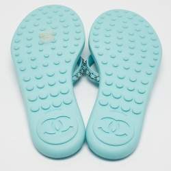 Chanel Light Blue Leather Chain Link Flat Thong Sandals Size 41