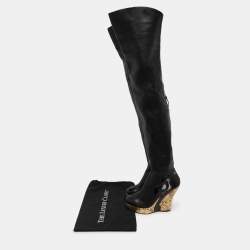 Chanel Black Leather Baroque Style Tall Boots Size 38.5