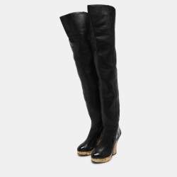 Chanel Black Leather Baroque Style Tall Boots Size 38.5
