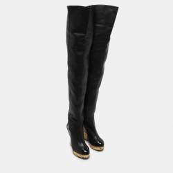 Chanel Black Leather Baroque Style Tall Boots Size 38.5
