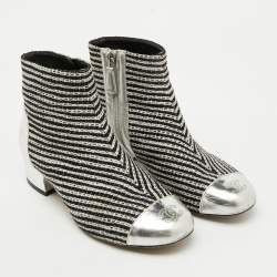 Chanel Silver/Black Leather and Tweed Ankle Length Boots Size 35.5