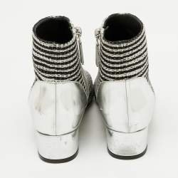Chanel Silver/Black Leather and Tweed Ankle Length Boots Size 35.5