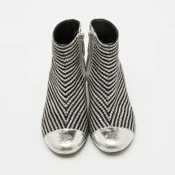 Chanel Silver/Black Leather and Tweed Ankle Length Boots Size 35.5