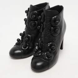 Chanel Black Leather Camellia Block Heel Ankle Boots Size 39