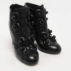Chanel Black Leather Camellia Block Heel Ankle Boots Size 39