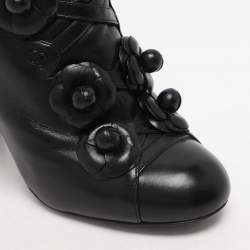 Chanel Black Leather Camellia Block Heel Ankle Boots Size 39