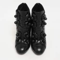 Chanel Black Leather Camellia Block Heel Ankle Boots Size 39