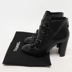 Chanel Black Leather Camellia Block Heel Ankle Boots Size 39