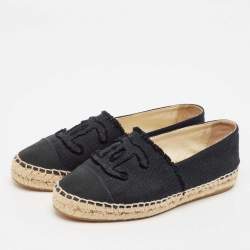 Pre Owned Chanel Black Canvas CC Cap Toe Espadrille Flats Size 37