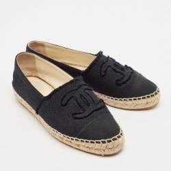 Pre Owned Chanel Black Canvas CC Cap Toe Espadrille Flats Size 37