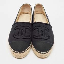 Pre Owned Chanel Black Canvas CC Cap Toe Espadrille Flats Size 37