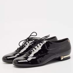 Pre Owned Chanel Black Patent Leather CC Lace Up Oxfords Size 38.5