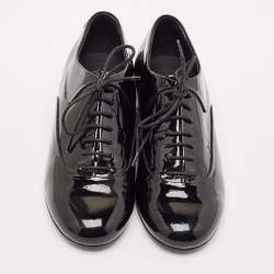 Pre Owned Chanel Black Patent Leather CC Lace Up Oxfords Size 38.5