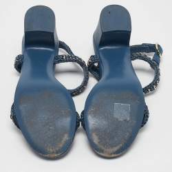 Chanel Blue Knit Fabric and Leather Braided Chain Detail Block Heel Sandals Size 36