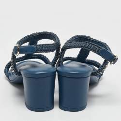 Chanel Blue Knit Fabric and Leather Braided Chain Detail Block Heel Sandals Size 36