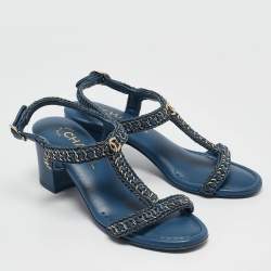 Chanel Blue Knit Fabric and Leather Braided Chain Detail Block Heel Sandals Size 36