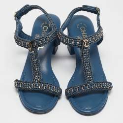Chanel Blue Knit Fabric and Leather Braided Chain Detail Block Heel Sandals Size 36