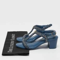 Chanel Blue Knit Fabric and Leather Braided Chain Detail Block Heel Sandals Size 36
