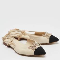 Chanel Beige/Black Canvas Cap Toe Slingback Flat Sandals Size 35.5