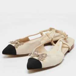Chanel Beige/Black Canvas Cap Toe Slingback Flat Sandals Size 35.5