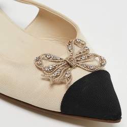 Chanel Beige/Black Canvas Cap Toe Slingback Flat Sandals Size 35.5