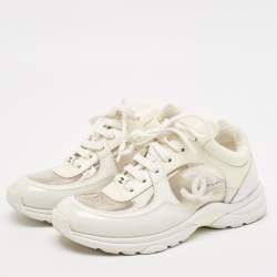 Chanel Off White Patent Leather and PVC CC Low Top Sneakers Size 36