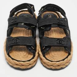 Chanel Black Mesh and Patent Leather Espadrille Dad Sandals Size 40