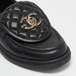 Chanel Black Quilted Leather CC Turnlock Loafers Size 36