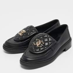 Chanel Black Quilted Leather CC Turnlock Loafers Size 36
